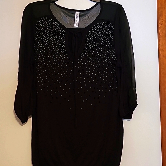 Espresso Tops - Espresso black with small white accent tie front blouse Sz L